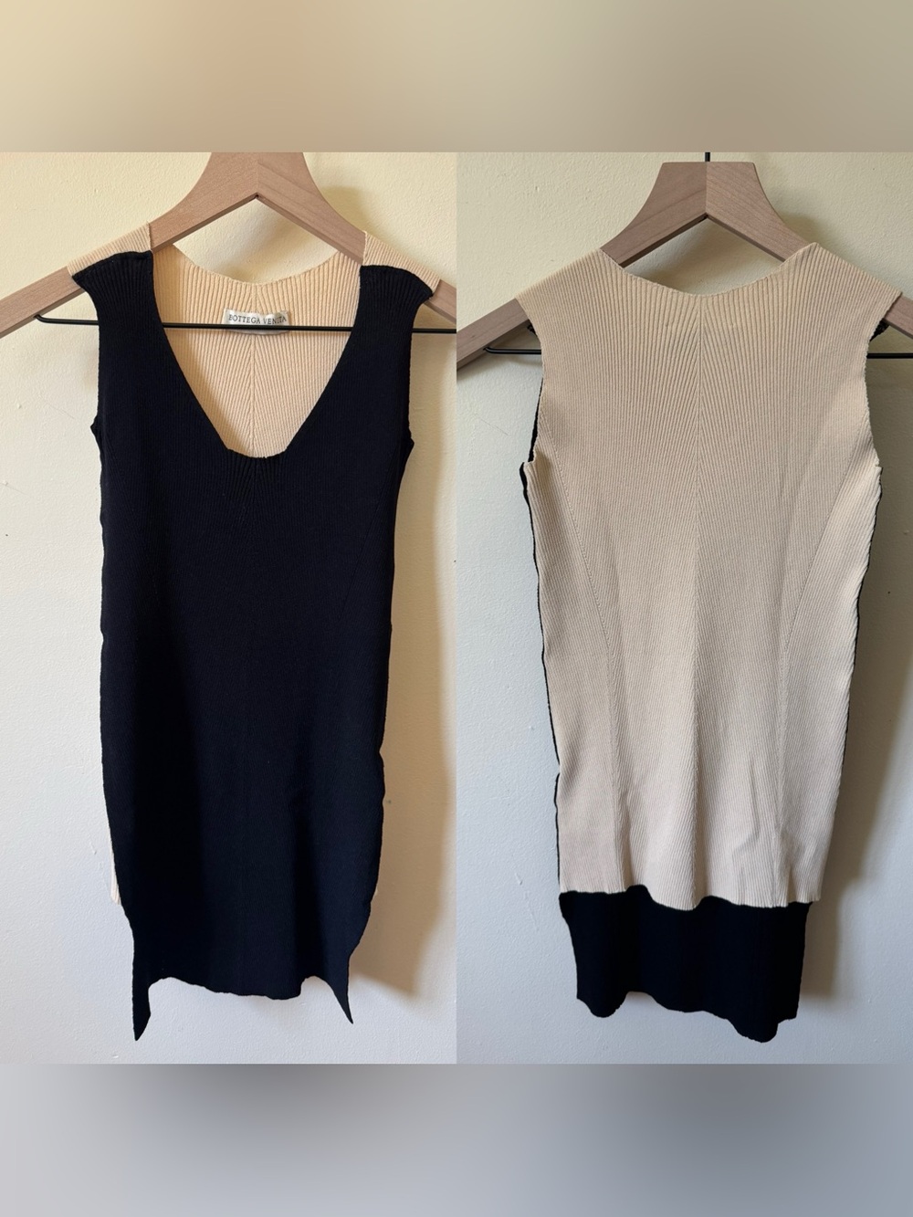 Bottega Veneta Bicolor Black & Cream Sleeveless Square Neck Knit Tank Top